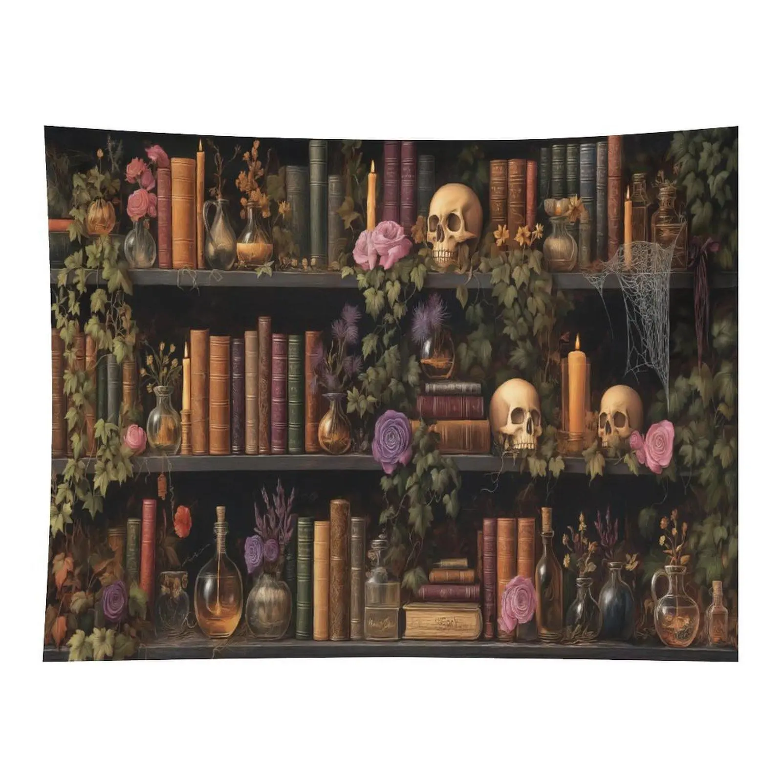 Dark Academia Print Wall Tapestry, Vintage Bookshelves With Ancient Books, Skulls, Roses & Ivy Witchy Library Scene, Indoor Home Decor, Room