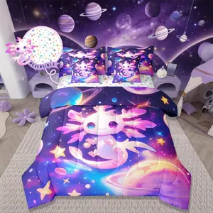Feelyou 7-Piece Bed in a Bag Axolotl Comforter Set - Cartoon Animal Galaxy Theme Bedding Supplies with Planet Print Sheets