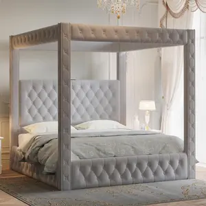 [SummerVibes]VanAcc Canopy Bed Frame with 74.8" Tall Four-Post Design and 51.2" Deep-Tufted Velvet Upholstered Headboard with Charging Station/Modern Light-Luxury Style/No Box Spring Needed