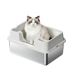Stainless Steel Cat Litter Box, Semi-Enclosed Cat Litter Tray, Anti-Splash High Sided Cat Litter Box, Non-Sticky, Easy Cleaning