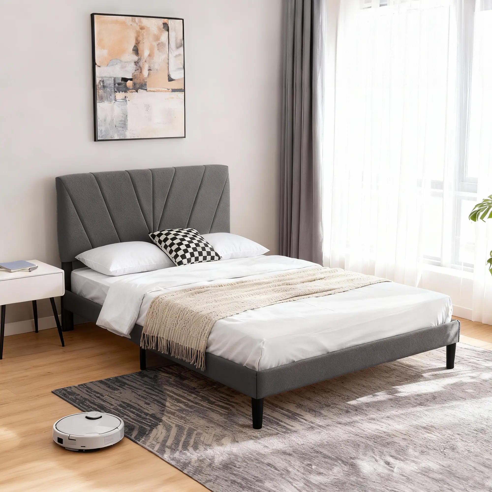 Modern Upholstered Bed Frame with Adjustable Height Headboard, Heavy-Duty Platform, Reinforced Slats - Self-Assembling, No Box Spring Needed, Fits Queen Size Mattress
