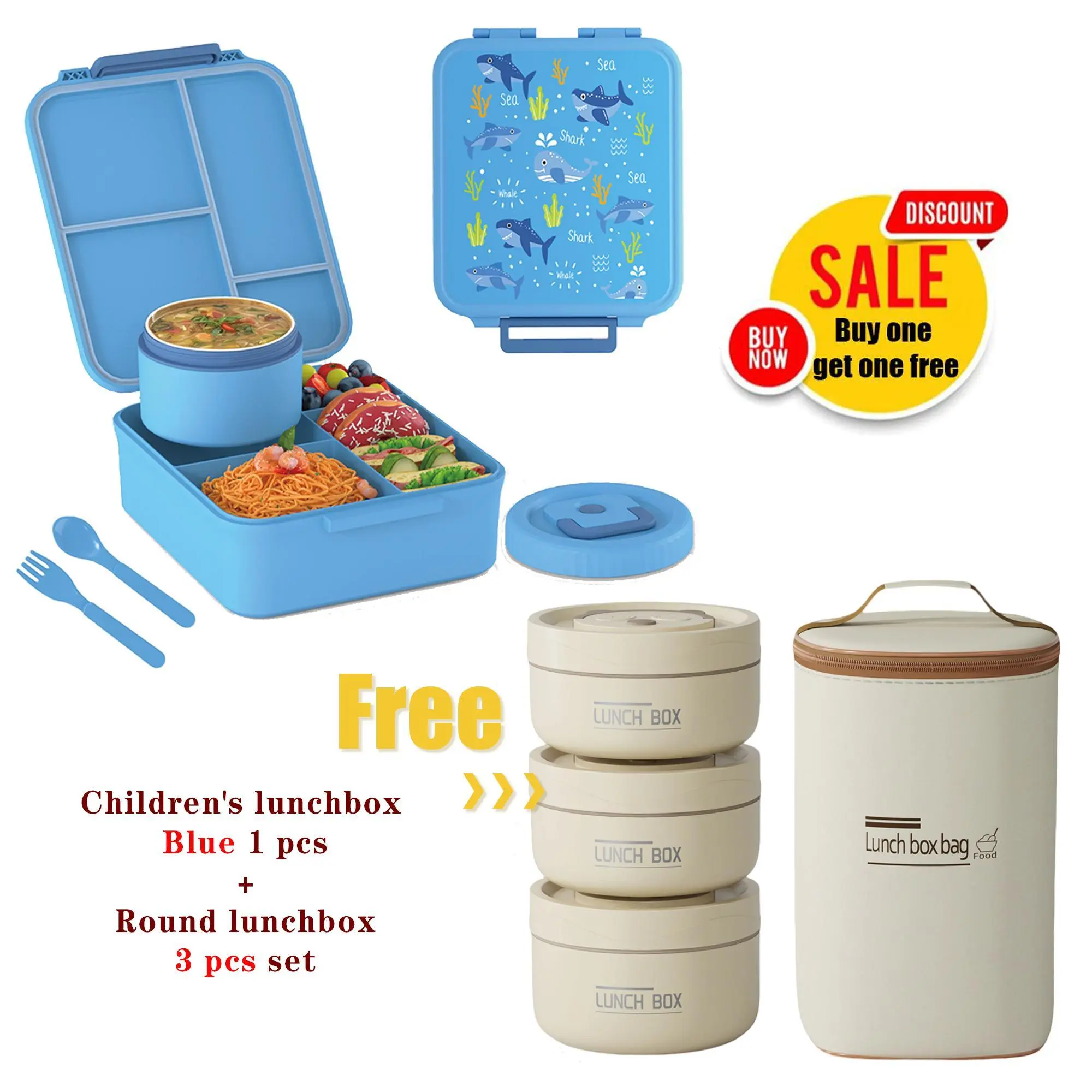 Nifogo Adult Stainless Steel Thermal Lunch Box + Kids Dual-Color Bento ...