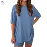 AUTOMET Women's 2026 Summer 2-Piece Minimalist Basic Round Neck Oversized Shirt & Biker Shorts Matching Set, Split Hem Women's Clothes for Airport Travel, Lounge Set, 2 Piece Sets two