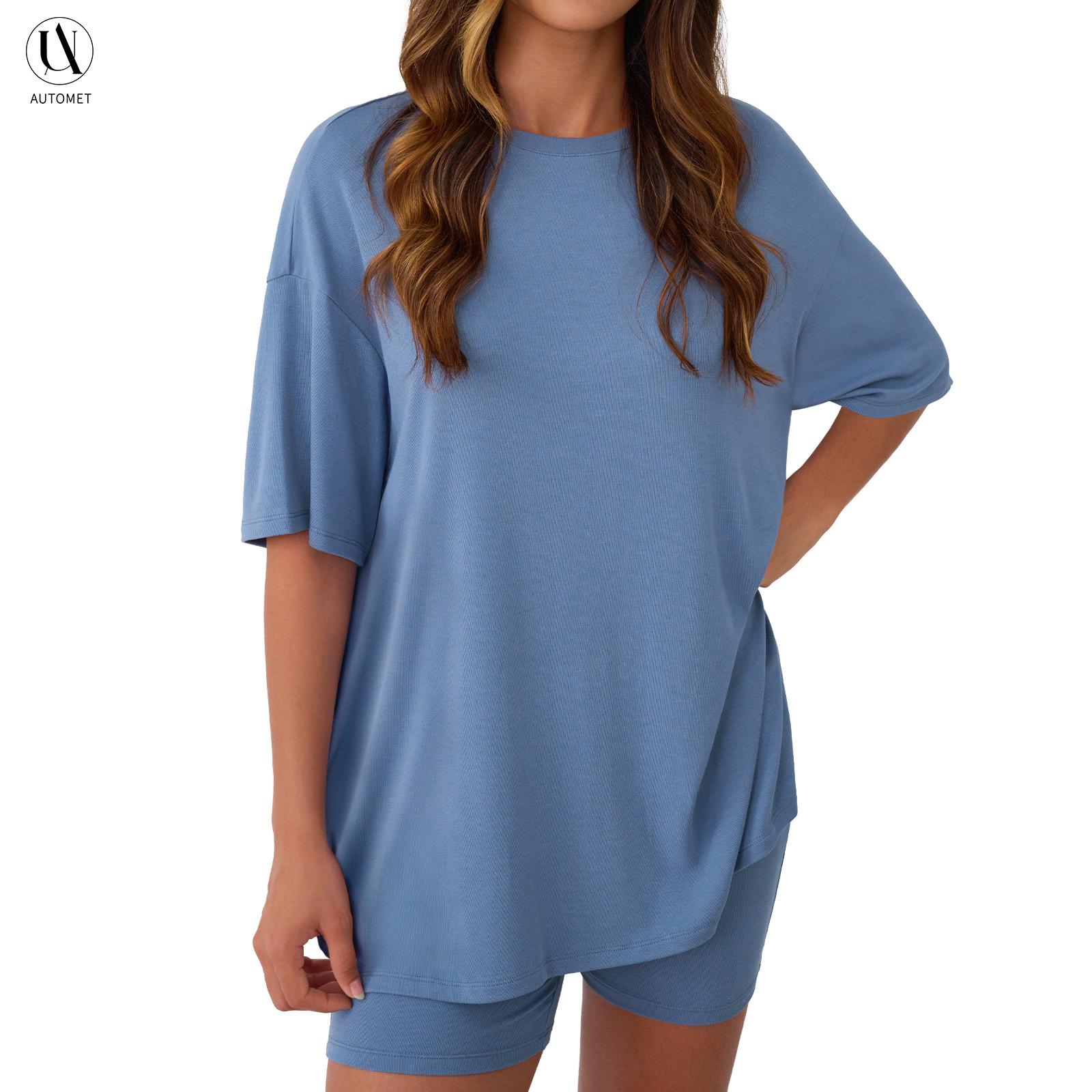 AUTOMET Women's 2026 Summer 2-Piece Minimalist Basic Round Neck Oversized Shirt & Biker Shorts Matching Set, Split Hem Women's Clothes for Airport Travel, Lounge Set, 2 Piece Sets two,summeroutfits,vacationoutfits,bathingsuitwomenset,beachoutfits