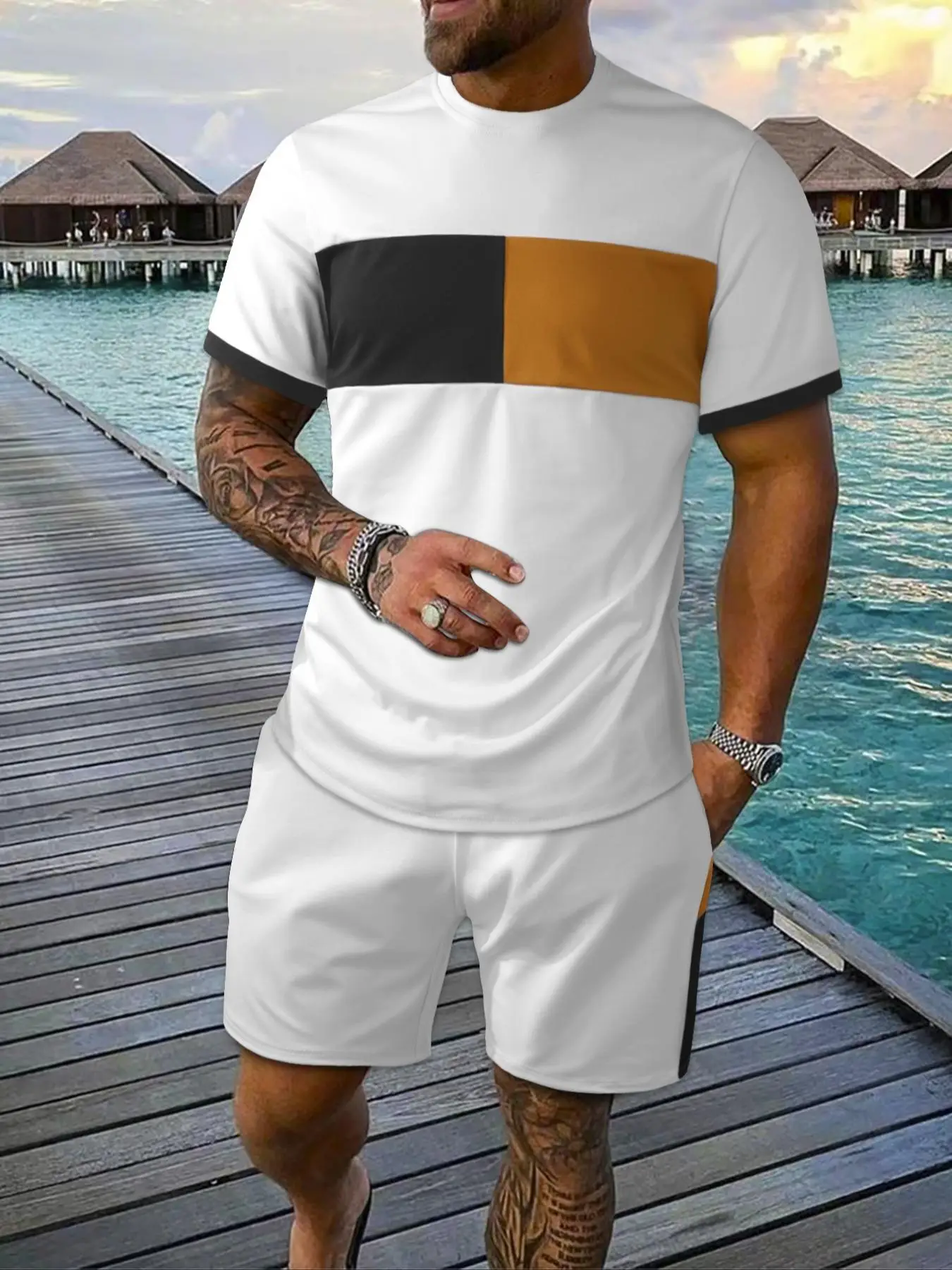 Two-Piece Set Men's Colorblock Tee & Drawstring Waist Shorts Set, Regular Fit Casual Streetwear Short Sleeve T-shirt & Pocket Shorts, Summer Outfits 2