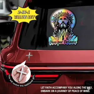Dios Por Delante Holographic Jesus Car Decal - Praying Christ with Cowboy Scene Vinyl Sticker 9.84 Inch - 2-in-1 Set Includes Metal Cross Emblem - Christian Faith Gift for Car Truck Bumper Window Vehicle Exterior Decoration