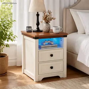 ARCH Farmhouse Side Table with Charging Station, Antique Nightstand with Drawer and Open Shelf, Bedside Table for Bedroom, Living Room, White Finish, USB Ports, Small End Table for Small Spaces, Nightstand Storage Furniture Search Terms