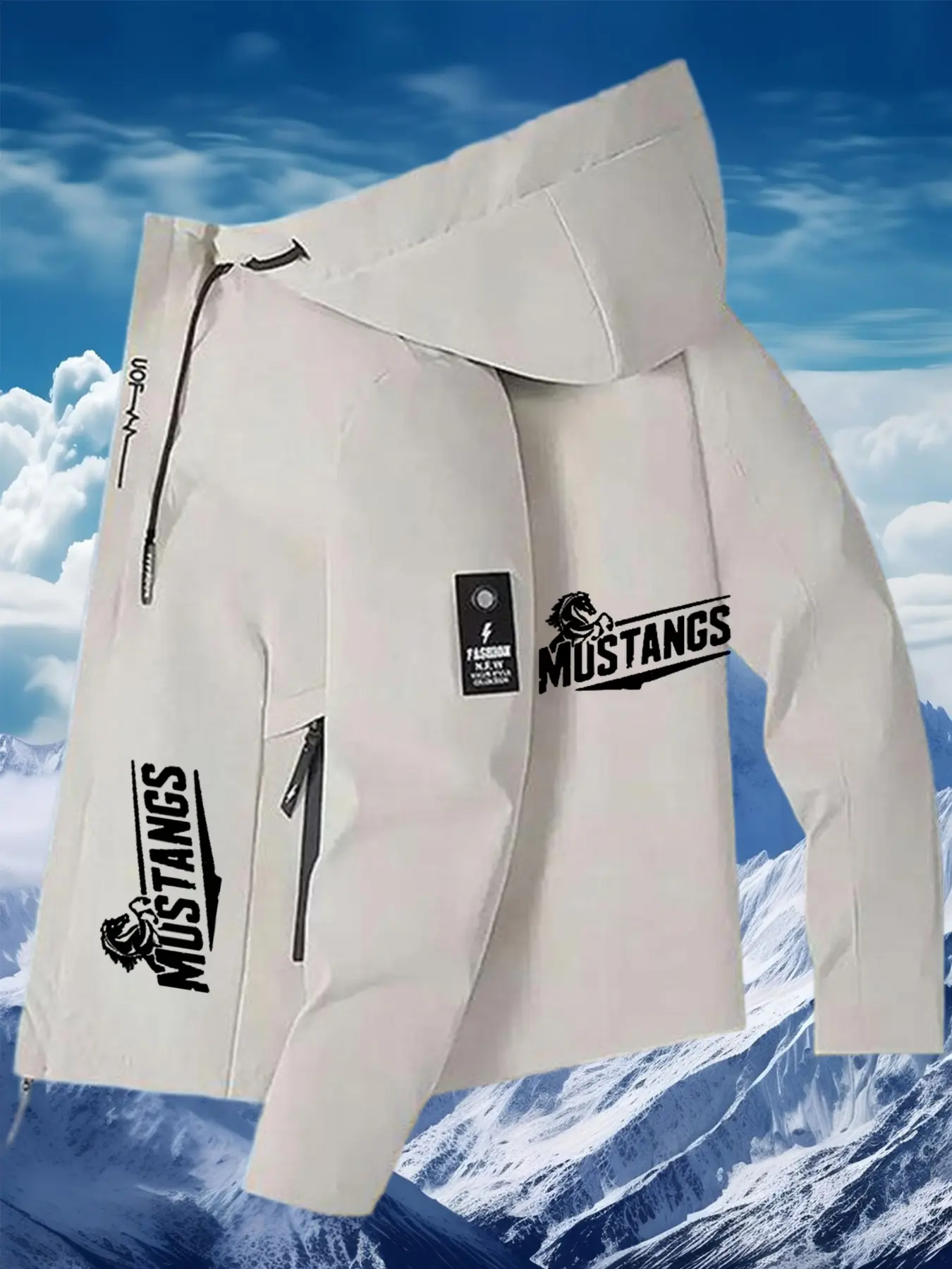 Men's Casual Jacket 'mustangs' Logo Print Zipper Windproof Hooded Coat, Lightweight Durable Polyester Fabric, Long Sleeve Pockets, Functional Coat
