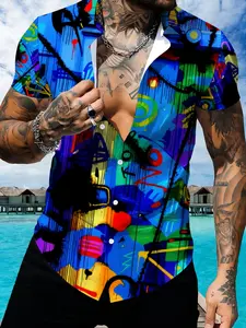Men's Short Sleeve Printed Collared Shirt, Summer Trendy Casual Style, Colorful Abstract Pattern Tropical Beach Vacation Wear, Menswear