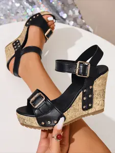 European-style Elegant Stylish Classy Fashion riveted cork wedge sandals with a low heel, white, single-button strap, perfect for petite women looking to add height and show off their feet in the summer, Chunky Wedge Heel