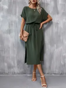 Elegant Dress, Womenswear, Drawstring Adjustable Waist, Split Hem, Ruffled Short Sleeves, Office & Casual Wear, Medium-Length Loose Fit