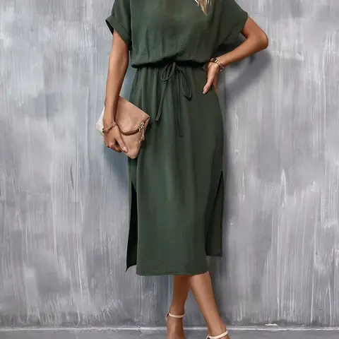 Elegant Minimalist Basic Dress Style, Womenswear, Drawstring Adjustable Waist, Split Hem, Ruffled Short Sleeves, Office & Casual Wear, Medium-Length Loose Fit, Plain Ruffle Dress