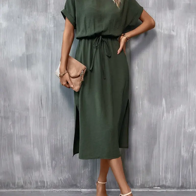 Elegant Minimalist Basic Dress Style, Womenswear, Drawstring Adjustable Waist, Split Hem, Ruffled Short Sleeves, Office & Casual Wear, Medium-Length Loose Fit, Plain Ruffle Dress