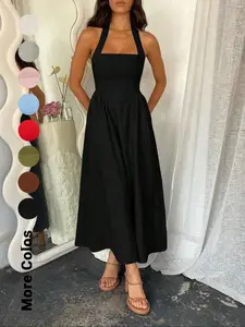 Women's Plain Pocket Zipper Back Dress, Casual Sleeveless Halter Neck A Line Dress for Summer, Ladies Clothes for Beach Holiday, Brunch Dresses