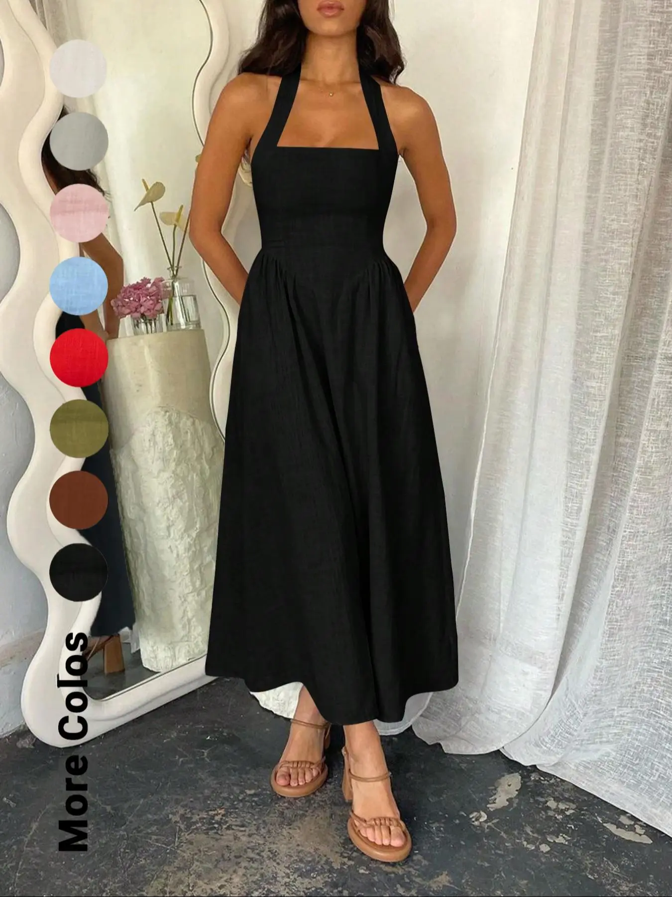 Women's Plain Pocket Zipper Back Dress, Casual Sleeveless Halter Neck A Line Dress for Summer, Ladies Clothes for Beach Holiday, Brunch Dresses