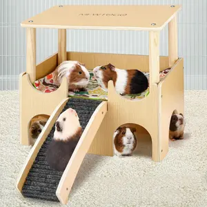 Large Guinea Pig Hammock with Platform and Ladder Wooden Small Animal Hideout Suitable for Guinea Pigs, Rabbits, Ferrets, Hamsters, etc. for Hiding and Sleeping