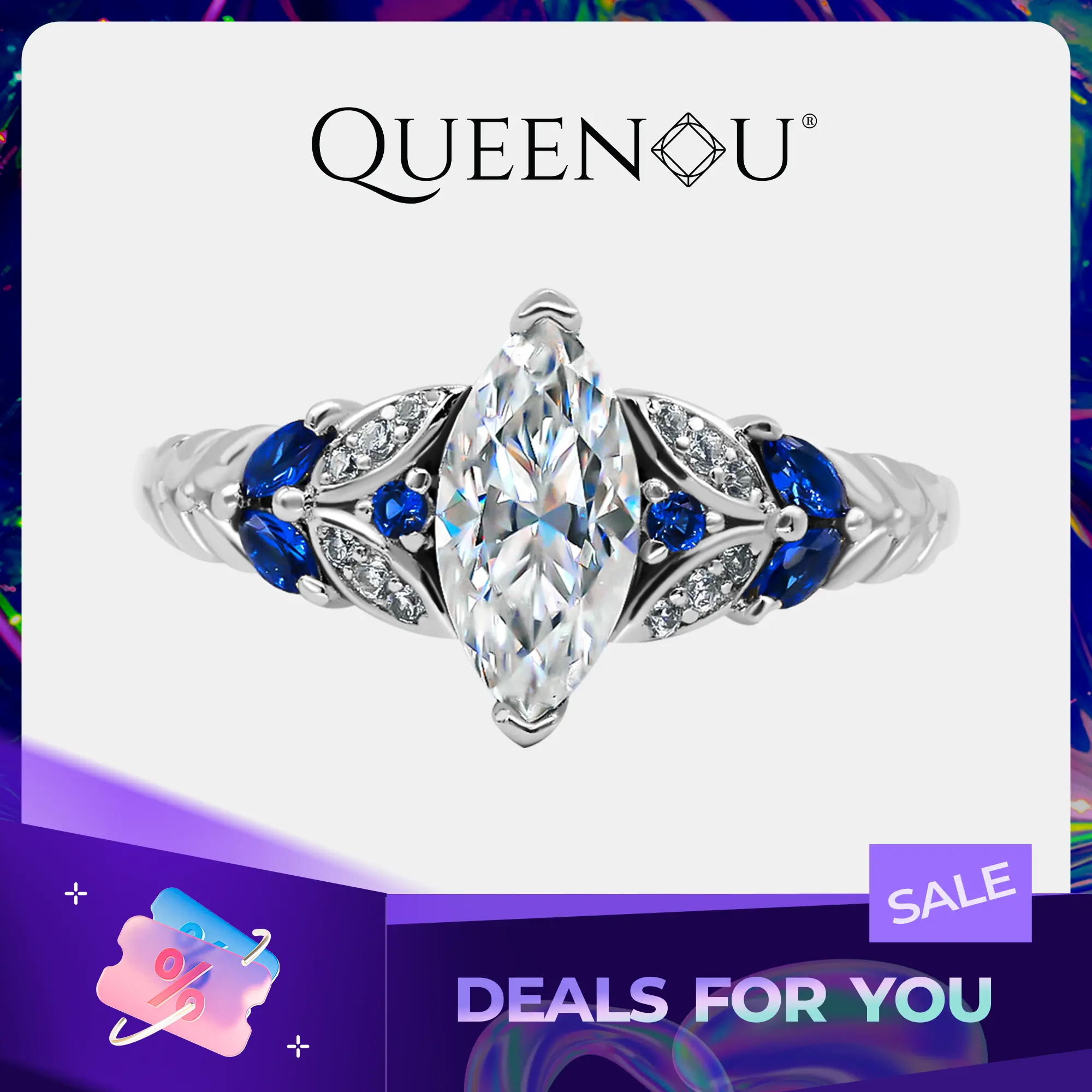 【733】"Springtime Symphony" Blue Adorned Laurel 1 Carat Marquise Synthetic Moissanite Ring