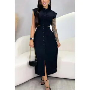 Women’s Stand Collar Waist Stretch Hollow Shirt Dress