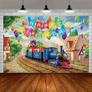 1pc 2D Flat Colorful Train-Themed Happy Birthday Party Banner - Vibrant Polyester Backdrop with Blue, Green, Yellow & Red Balloons, Gift Boxes, and Whimsical Village Scene for Room, Wall, or