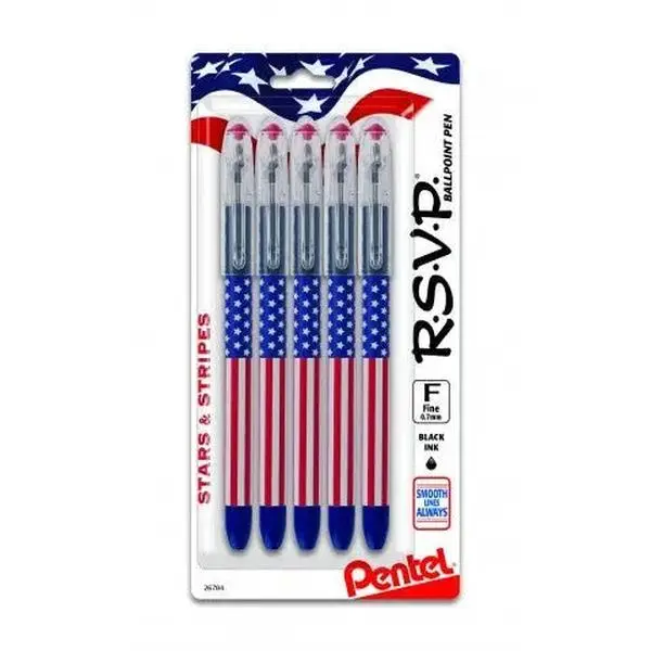 Pentel RSVP Stars & Stripes Edition Fine Ballpoint Pens, 5-Pk, Refillable, Long Writing Performance, Well-Balanced Barrel, Eco-Friendly Plastic-Free Packaging, Long-Lasting Value, Long, Well-Balanced Barrel