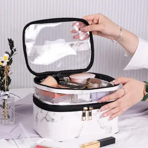 Women's Portable Toiletry Bag, Marble Leopard Double-layer Handheld Cosmetic Pouch, Waterproof Travel Makeup Storage Bag