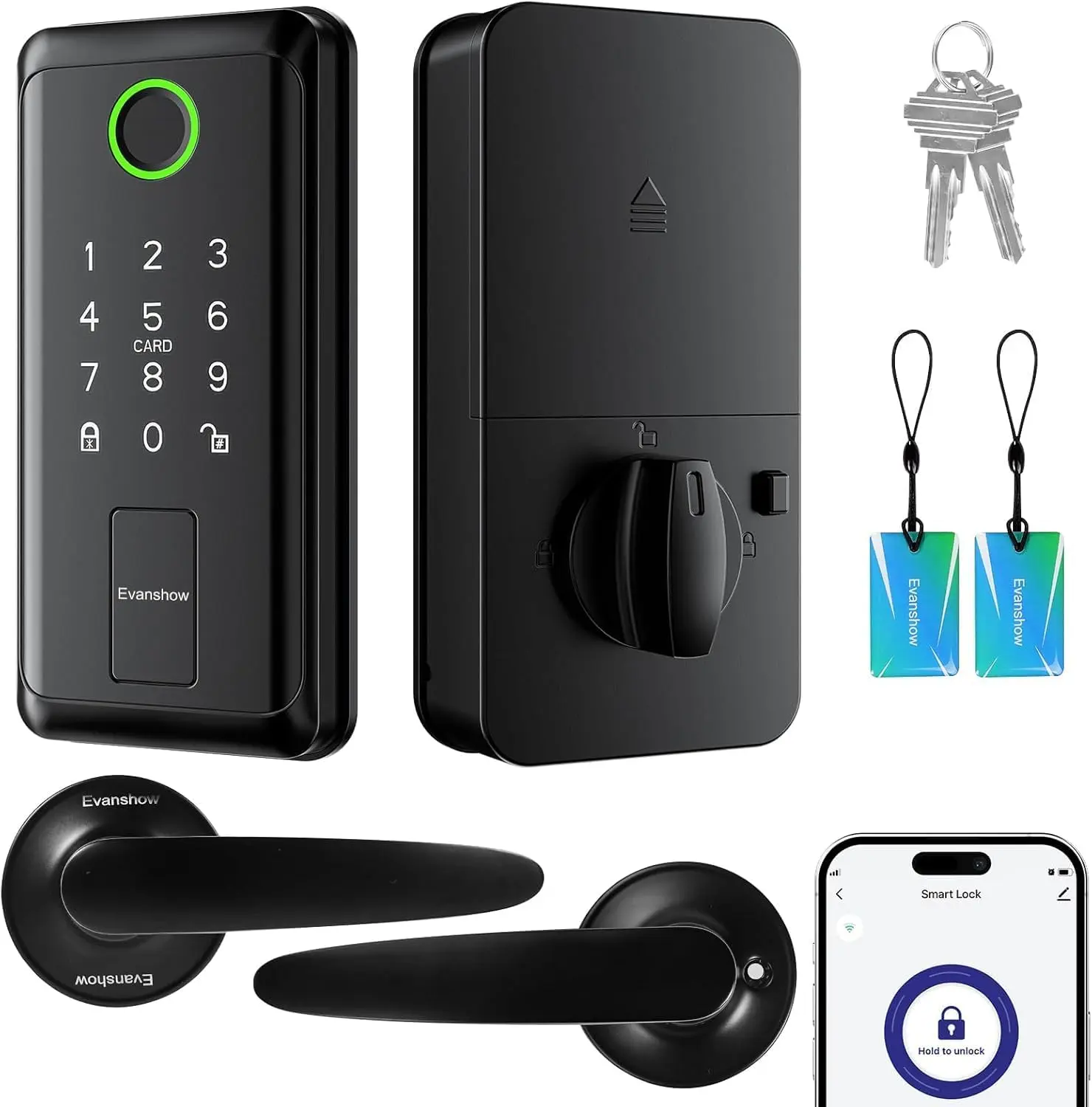 Evanshow WiFi Bluetooth Electronic Door Lock with Handle, Smart Entry Deadbolt with App, Keyless Biometric Touchscreen Exterior Door Hardware Set with Auto-Lock & Anti-Peeping Password Functionality, Electronic Door Locks