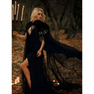 Evil Queen Vampire Witch Cosplay Costume - Women's Feather Collar Cloak Cape - Medieval Dark Princess Halloween Costume for Women Womenswear Clothing