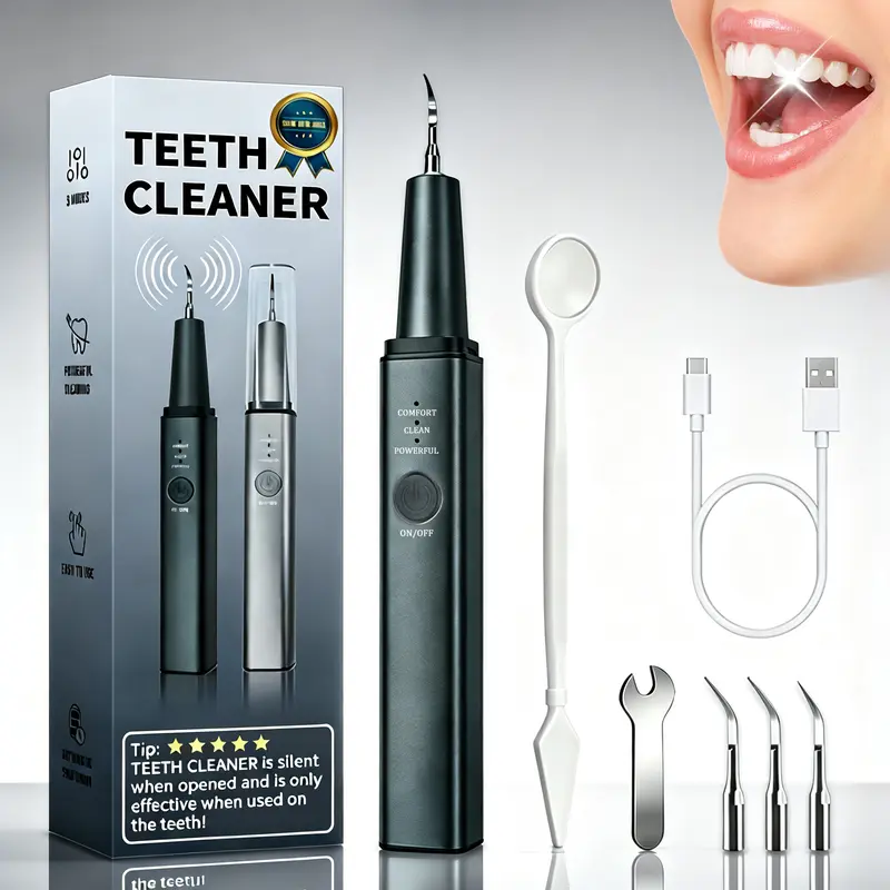 Aluminum Alloy Rechargeable Ultrasonic Teeth Cleaner Kit - Oral Irrigator with LED, 3 Modes, Plaque Removal, Teeth Whitening Tool, Portable Dental Tool for Students (Father's Day Gift, Cell Support)