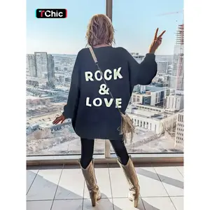 Women’s open-front cardigan with letter print, casual drop-shoulder long-sleeve cardigan for fall and winter, ladies’ knitwear for everyday wear