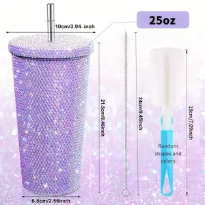 Diamond Insulated Cup, Double-Layer Stainless Steel, Straw Stick-On Crystals, Rhinestone Coffee Cup, Gift Cup, Rhinestone-Encrusted