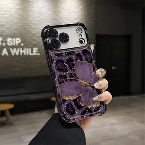 Purple butterfly Pattern Four-corner Drop-proof TPU Phone Case for iPhone 17 16 15 14 Pro Max Air 13 12 11 Plus Shockproof Full Camera Protection Durable Slim Silicone Case