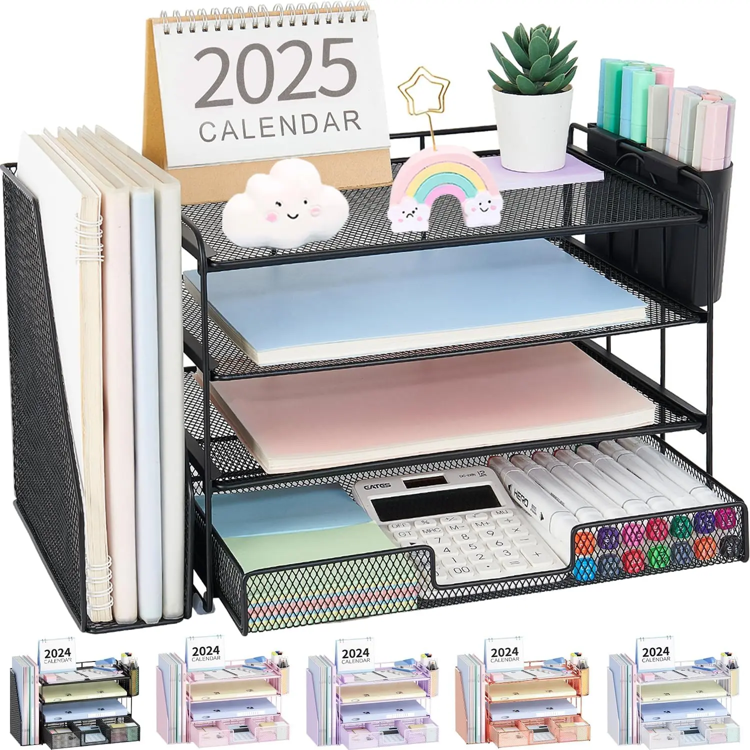 4-Tier Desk Organizer with Drawer & Pen Holders, Desktop File Organizer, Office Supplies Storage File Sorter for Workspace, Black