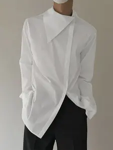 INCERUN Men's Fashion Asymmetrical Neckline Solid Color Long Sleeve Casual Streetwear Shirt, Perfect for Daily Wear, Stylish and Comfortable