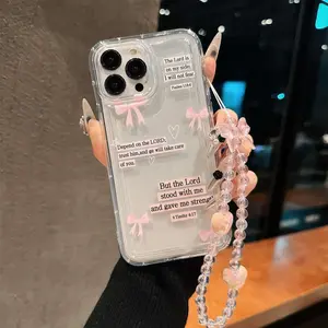 Butterfly Pattern Phone Case with Beaded Lanyard, Clear Phone Cases for iPhone 11 12 13 14 15 Pro Max, Phone Accessories, Cover