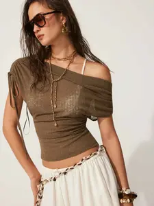 Cider Linen-blend See-Through Off-shoulder Drawstring Top