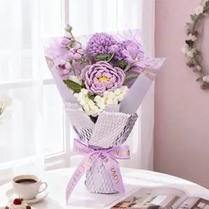 Handmade Knitted Flower Bouquet, Artificial Peony Fake Flowers, Mother's Day Valentine's Christmas Birthday Gift, Wedding Decoration, Artificial Mixed Flower