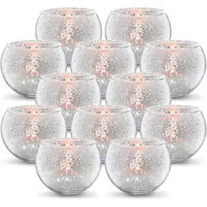 Round Silver Votive Candle Holders, Mercury Glass Tealight Candle Holder Set of 12