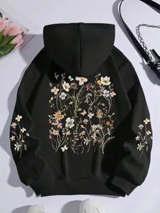 Women's Floral Print Drawstring Fit Hoodie, Fashion Casual Chic Pocket Hooded Sweatshirt for Daily Outdoor Wear, Women's Clothing for Fall & Winter