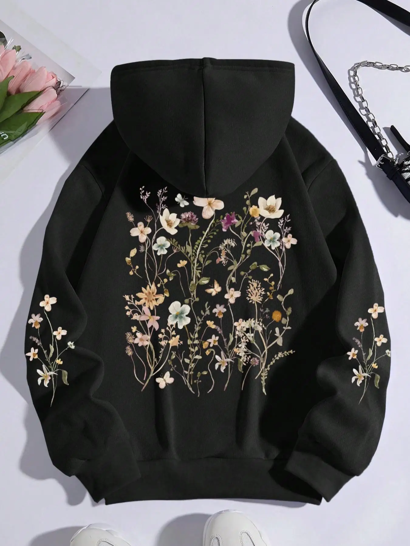 Women's Floral Print Drawstring Hoodie, Fashion Casual Pocket Hooded Sweatshirt for Daily Outdoor Wear, Women's Clothing for Fall & Winter