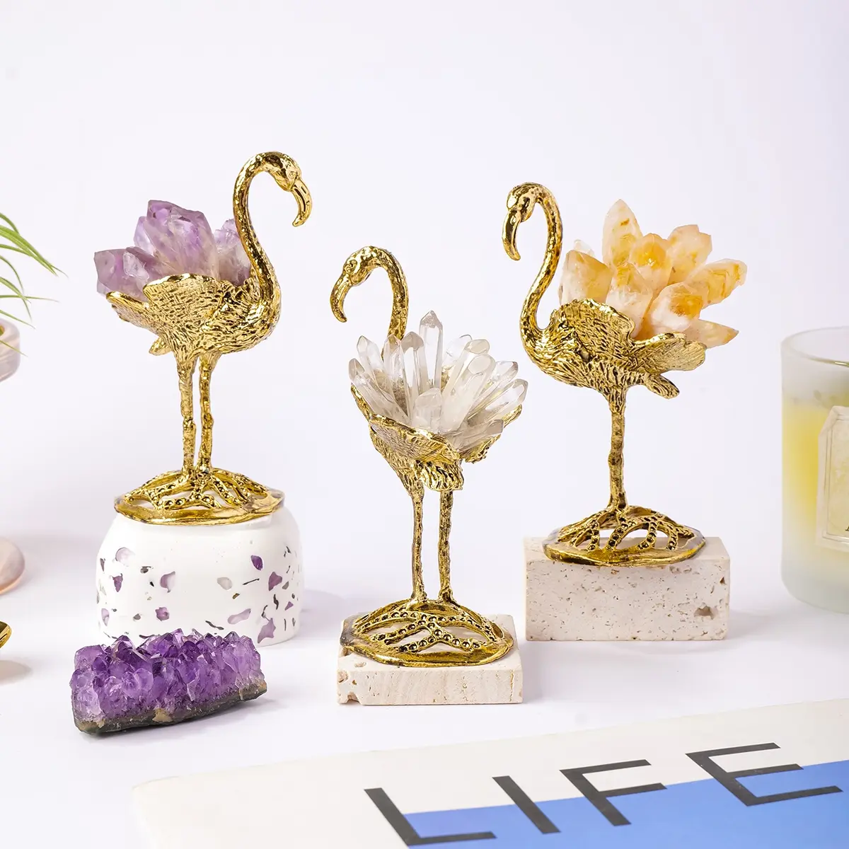 Natural Amethyst Citrine Gemstone Cluster, Metal Base, Home Desktop Healing Crystal, DIY Decorative Ornament, Natural Crystals