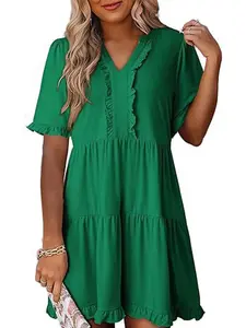 Tiered Notched Short Sleeve Mini Dress