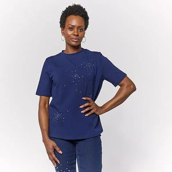DG2 by Diane Gilman Cotton Jersey Embellished Crew-Neck Top