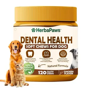 HerbaPaws Dental Health Chews for Dogs & Cats - 120 Tasty Chicken Flavor Soft Chews for Strong Teeth & Gum Health