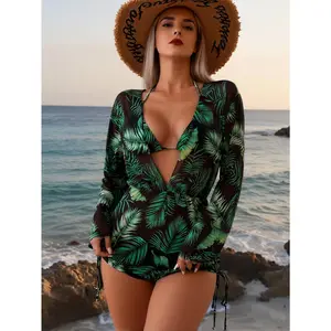 2026 Summer Green Printed Swimsuit 3-Piece Set Green Long-Sleeve Cover-Up + Deep V-Neck Top + High-Waist Shorts Suitable for All Body Types The First Choice Swimwear for Pool Parties and Beach Vacations