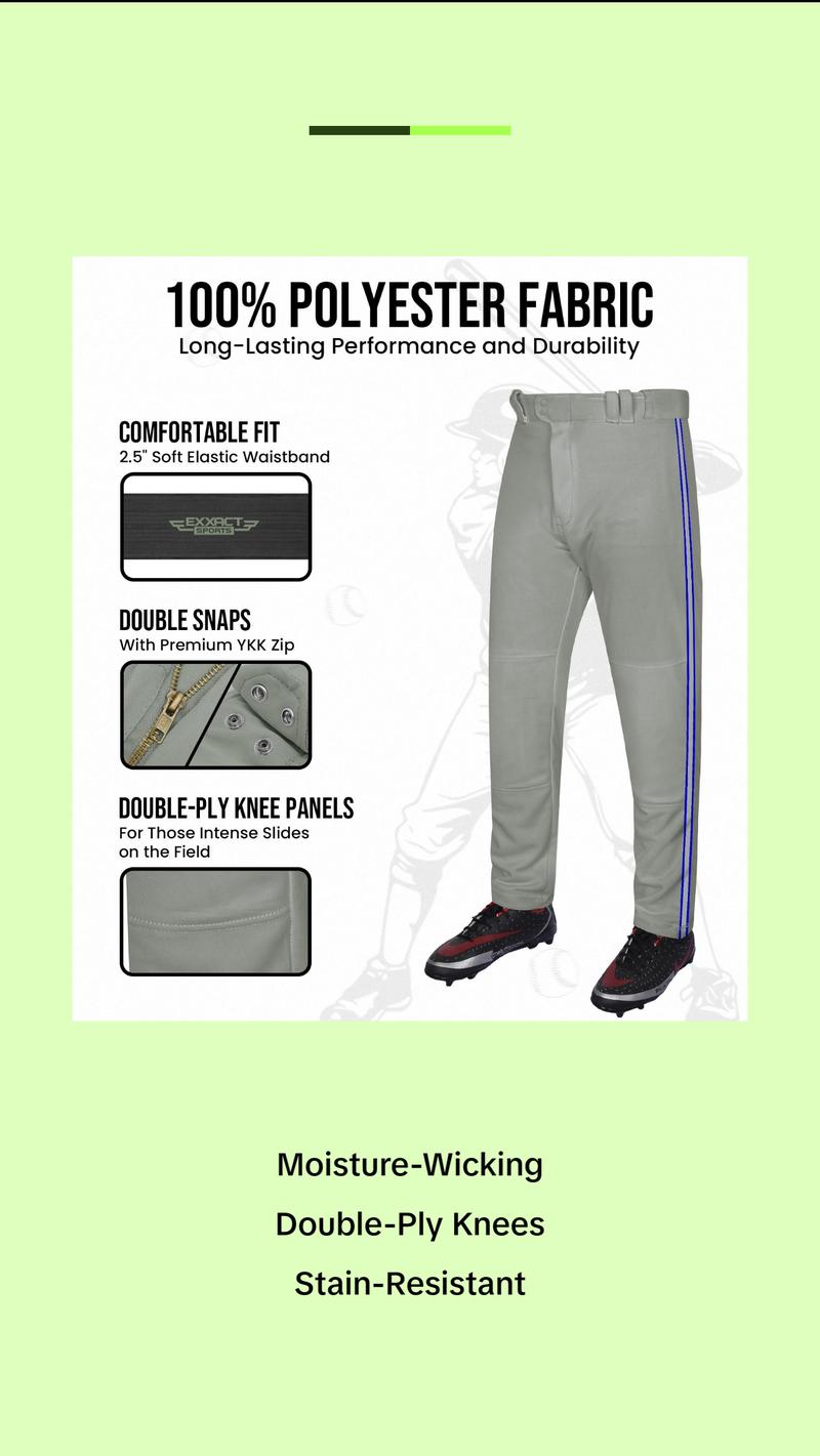 Exxact Sports Proline Full Length Baseball Pants Youth & Adult with Stripes, Relaxed Fit Open Bottom Men/Boys Baseball Pants (Grey/Navy)