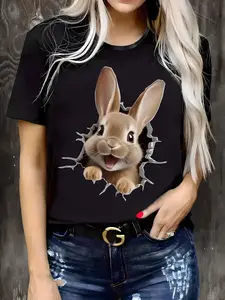 Plus Size, Directional Easter Bunny Cartoon Pattern Casual Round Neck T-Shirt, Women's Short T Top, Suitable for Outdoor in Spring and Summer, Perfect Holiday