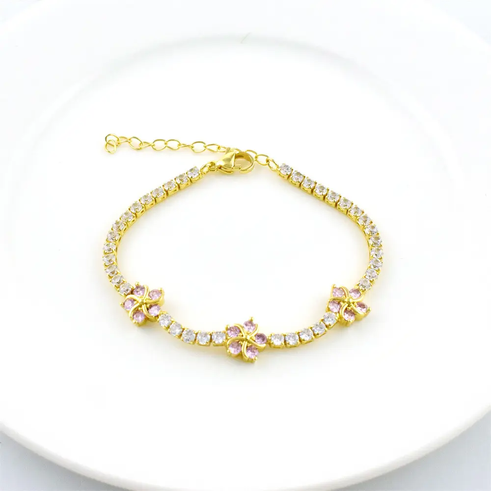 TMANI Pink Flower Chain Bracelet for Women Fashionable Cute Small Exquisite Flower Pattern Adjustable Size Beautiful Gift for Her