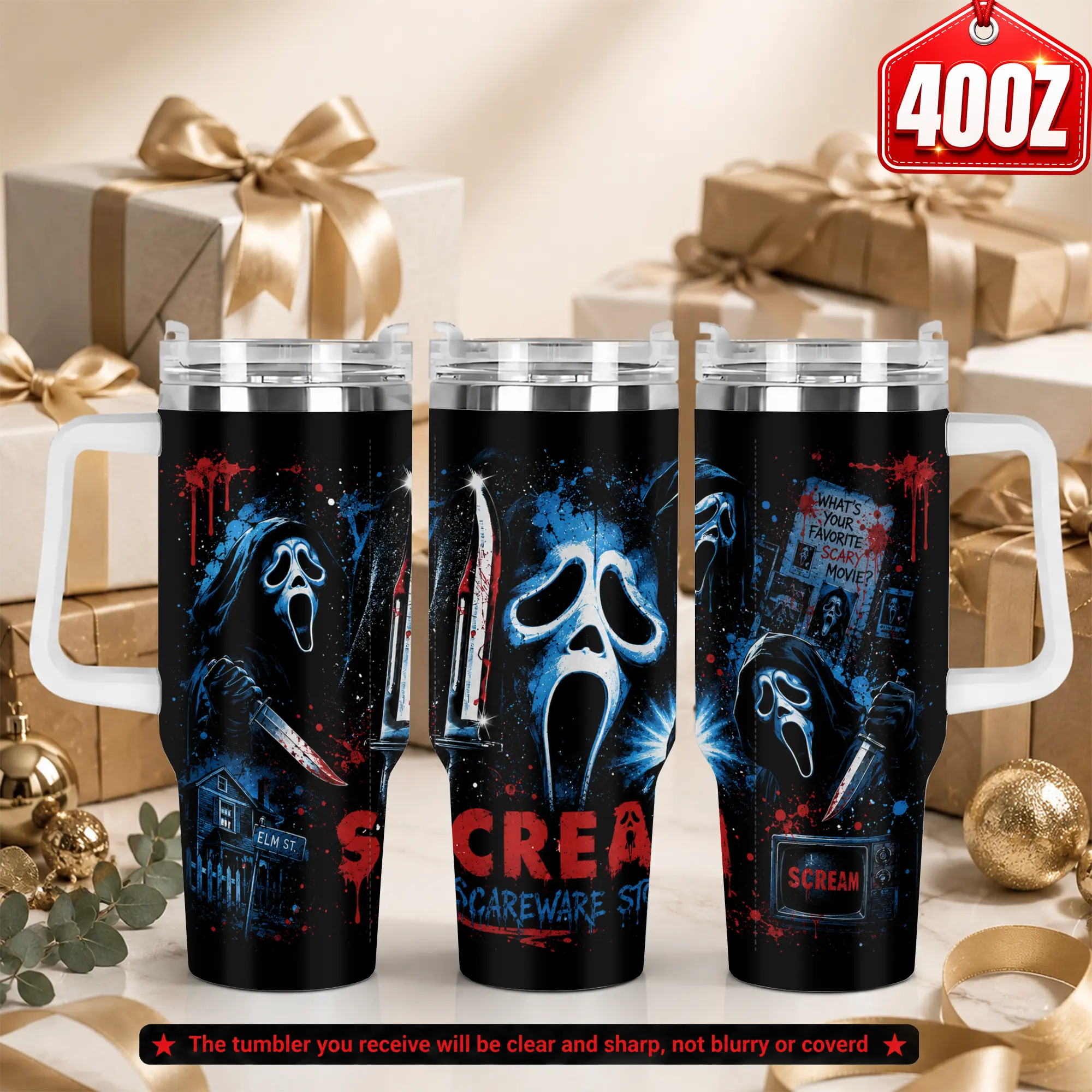 Ghostface Scream Horror 40oz Tumbler With Handle, Blue Red Slasher Movie Graphic Insulated Stainless Steel Travel Cup With Lid and Straw, Scary Movie Fan Gift, Made in USA
