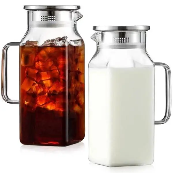 Glass Pitcher,Square Water Pitcher with Lid and Handle,Coffee Beverage Serveware Iced Tea Pitcher,Glass Jug Carafe Infuser for Fridge Hot/Cold Drinks