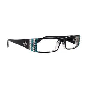 The French, (Bling) (Fleur De Lis) Women Reading Glasses W Genuine European Crystals (Turquoise, Clear) (Black) Frame, NY Fifth Avenue